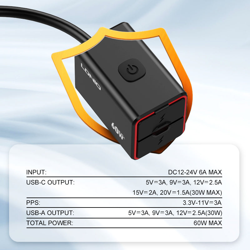 LBC Moto LDNIO C108 60W motorcycle fast charger PD 3.0 QC 3.0 type C USB waterproof bike charging adapter