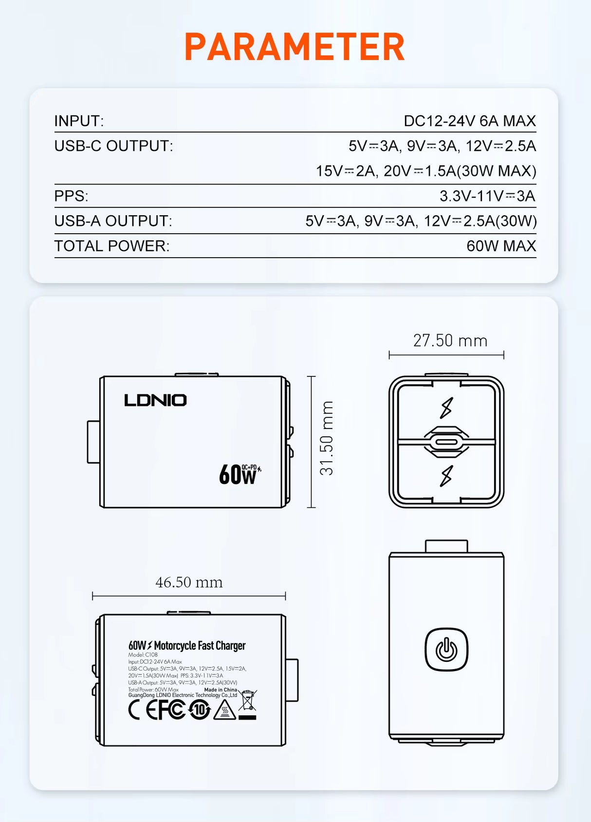 LBC Moto LDNIO C108 60W motorcycle fast charger PD 3.0 QC 3.0 type C USB waterproof bike charging adapter