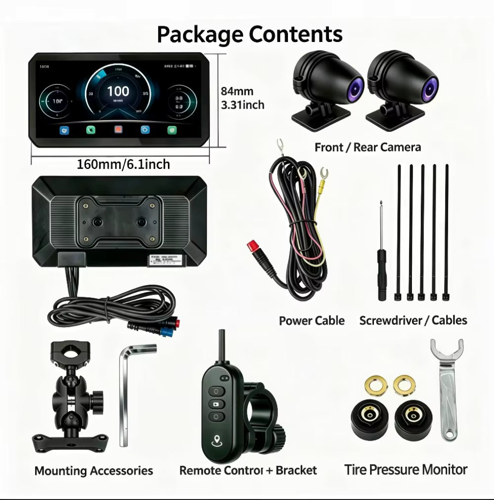 LBC Moto B3 Elite smart motorcycle display with dual 1080P cameras, TPMS sensors and remote control