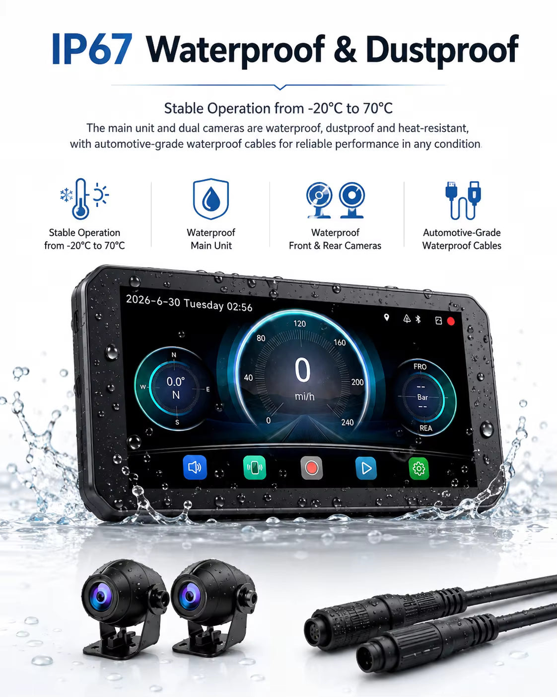 LBC Moto B3 Elite smart motorcycle display with dual 1080P cameras, TPMS sensors and remote control
