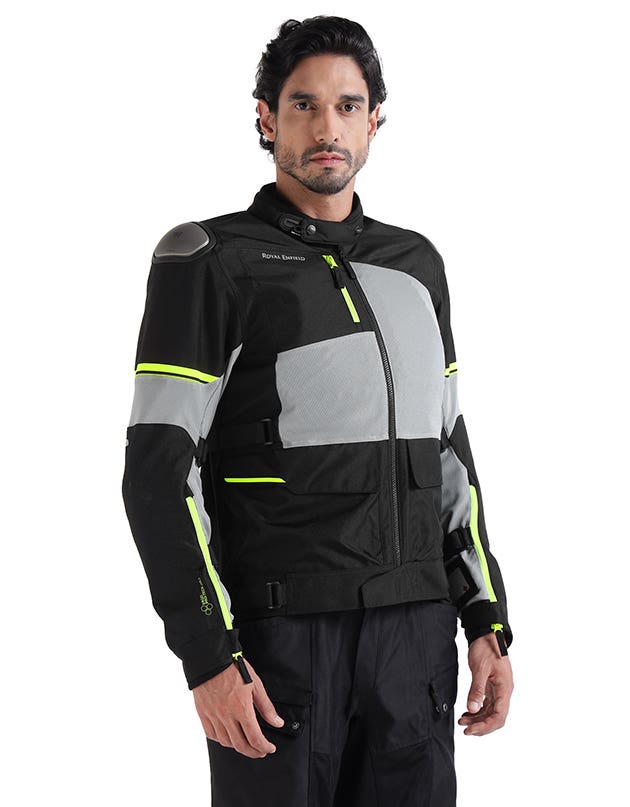 Royal Enfield Crossroader V2 Grey Neon riding jacket with CE armour