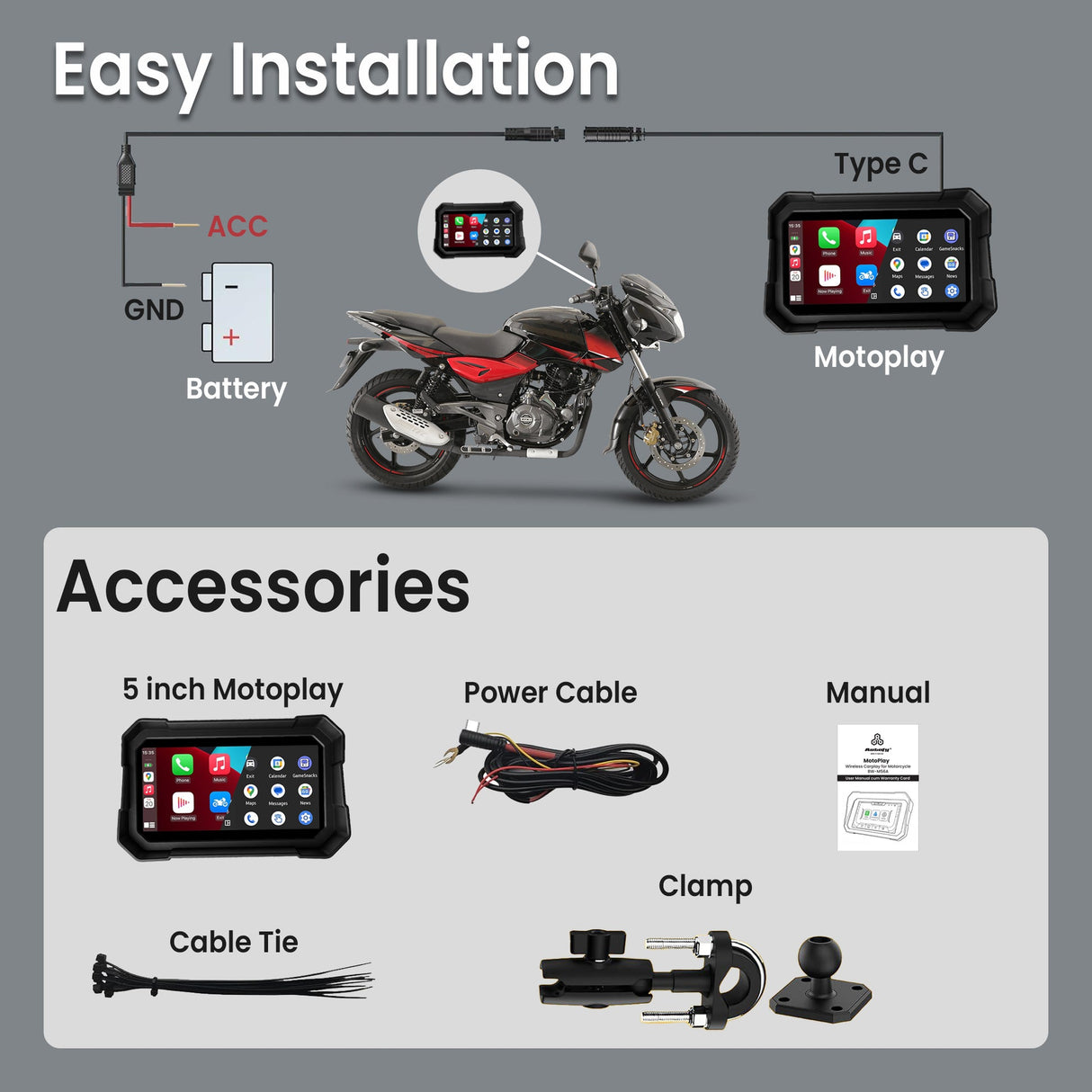 Autofy Motoplay 5 Inch Waterproof Motorcycle Navigation CarPlay Screen with Quick Detachable Mount