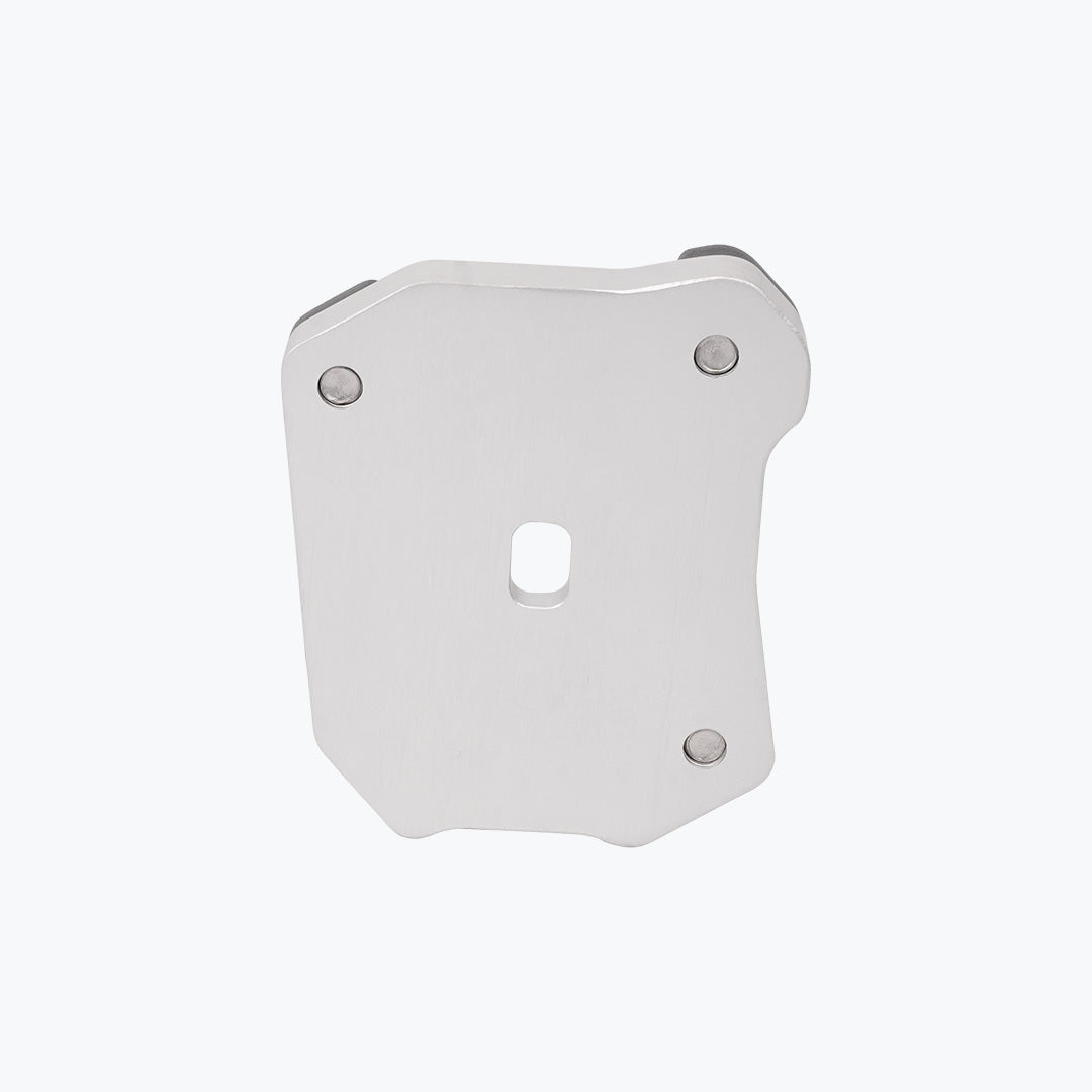 Legundary Custom Fortis side stand base for Honda NX500 in silver aluminium, foot extension plate designed for stable parking support and enhanced ground grip.