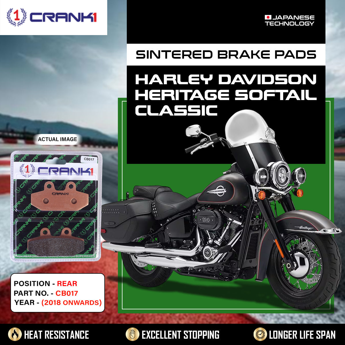 CRANK1 CB017 Sintered Rear Brake Pads For Harley Davidson Heritage Softail Classic 2018 Onwards