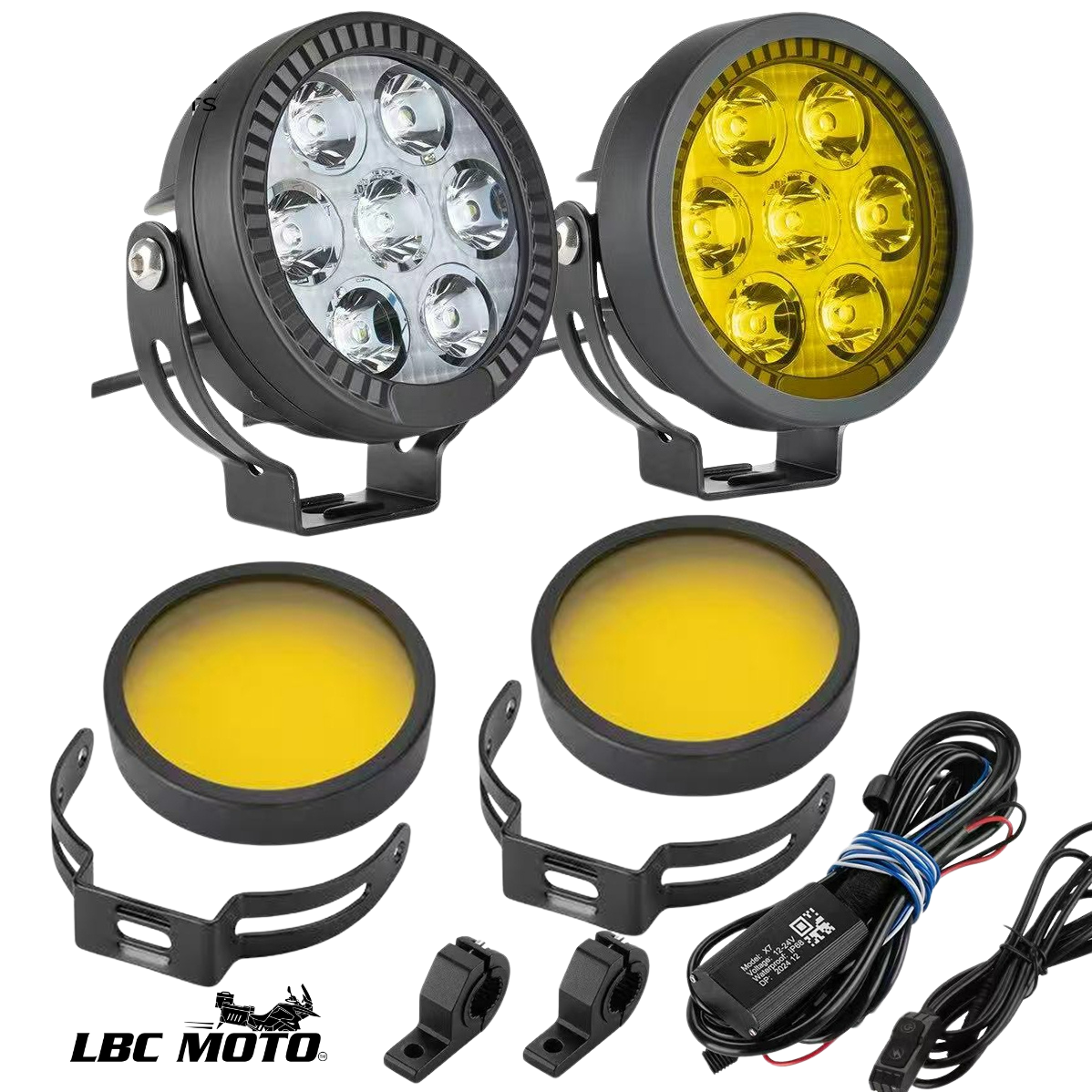 LBC Moto P150S 110W motorcycle auxiliary lights dual color LED fog lights 12000 lumens waterproof with relay switch mounts