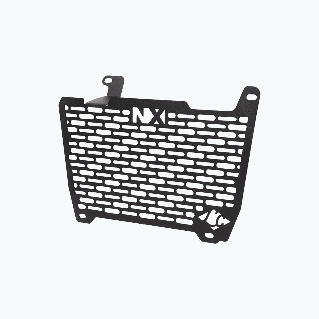Legundary Custom Vector V2 radiator grill for Honda NX500 in black aluminium, durable engine guard protector and heat shield with precision fit.