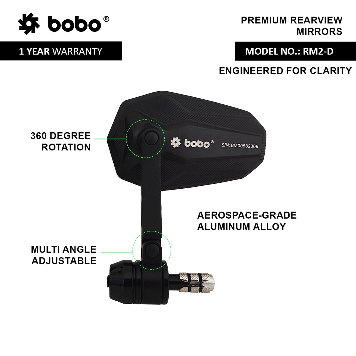 BOBO RM2-D premium motorcycle bar end mirror anti glare anti fog 360 degree adjustable rear view mirror bike