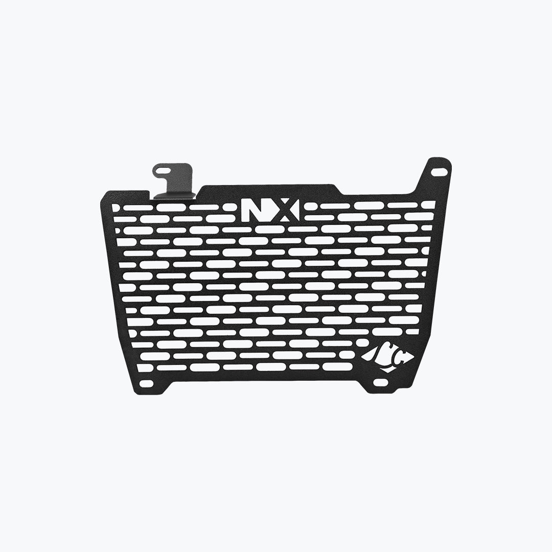 Legundary Custom Vector V2 radiator grill for Honda NX500 in black aluminium, durable engine guard protector and heat shield with precision fit.