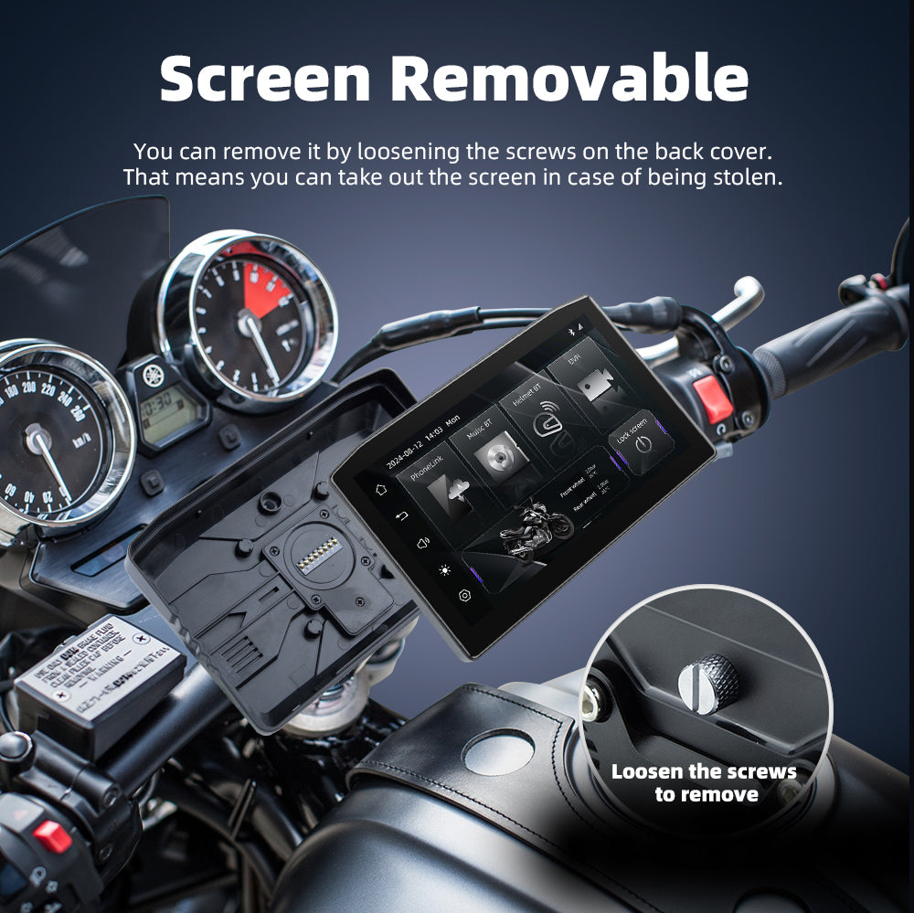 Sash Gears M8 Smart Riding Display with 6.2 inch touchscreen, wireless Apple CarPlay, Android Auto, dual 1080P cameras, TPMS and waterproof aluminum mount