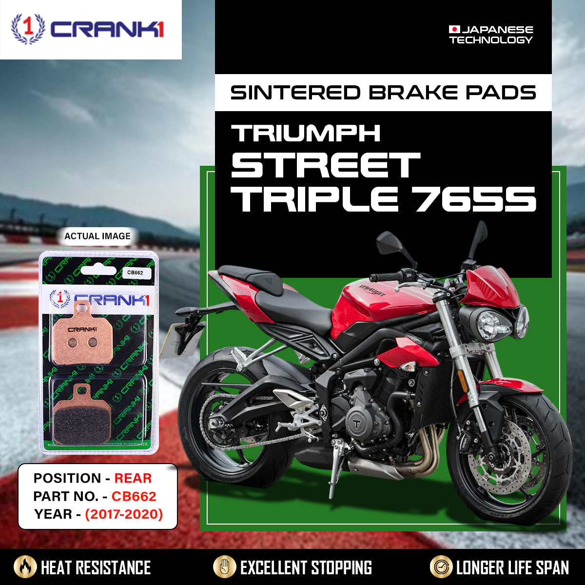 CRANK1 CB662 sintered rear brake pads for Triumph Street Triple 765S (2017-2020) high-performance motorcycle braking upgrade.