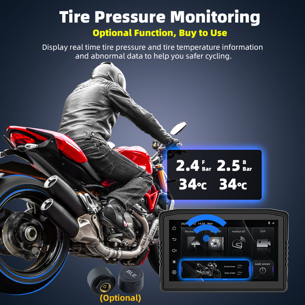 Sash Gears M8 Smart Riding Display with 6.2 inch touchscreen, wireless Apple CarPlay, Android Auto, dual 1080P cameras, TPMS and waterproof aluminum mount