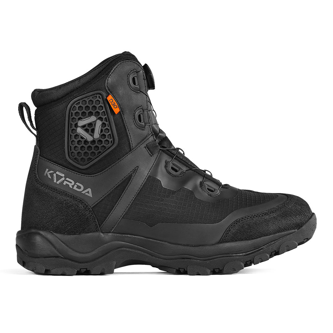 KORDA Recon black motorcycle riding boots with D3O ankle armour