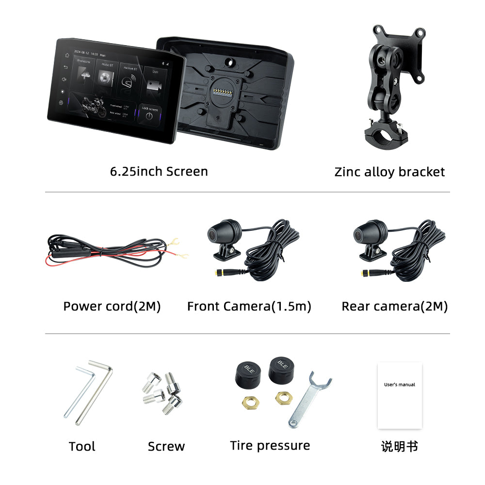 Sash Gears M8 Smart Riding Display with 6.2 inch touchscreen, wireless Apple CarPlay, Android Auto, dual 1080P cameras, TPMS and waterproof aluminum mount