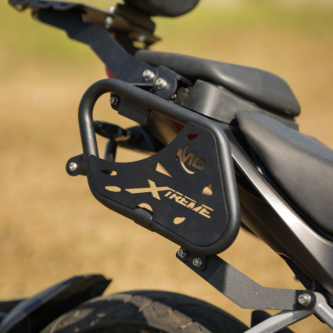 Motocare saddle stay with luggage plate installed on Hero Xtreme 250R motorcycle for saddle bag support