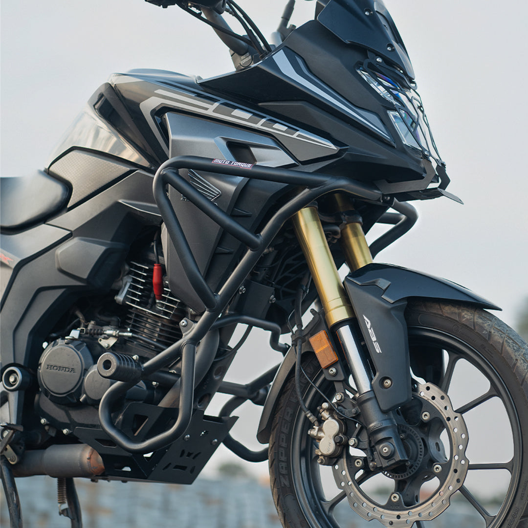 Moto Torque crash guard for Honda CB200X with nylon sliders and heavy duty engine protection