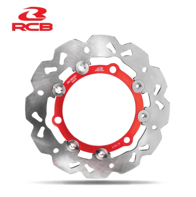 RCB S-Series 01D0486 230mm alloy floating front brake disc for Yamaha Aerox 155 in Red and Gold colour options.
