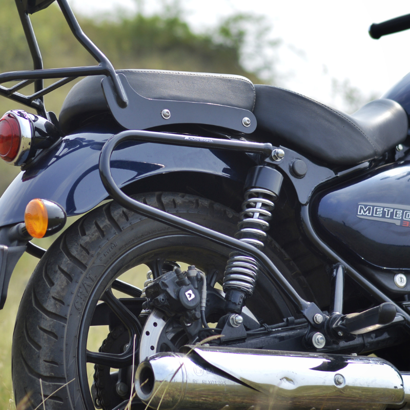 Auto Engina Saddle Stay for Royal Enfield Meteor 350 with 19mm Mild Steel Tubes and 8kg Per Side Soft Luggage Capacity in Gloss Black