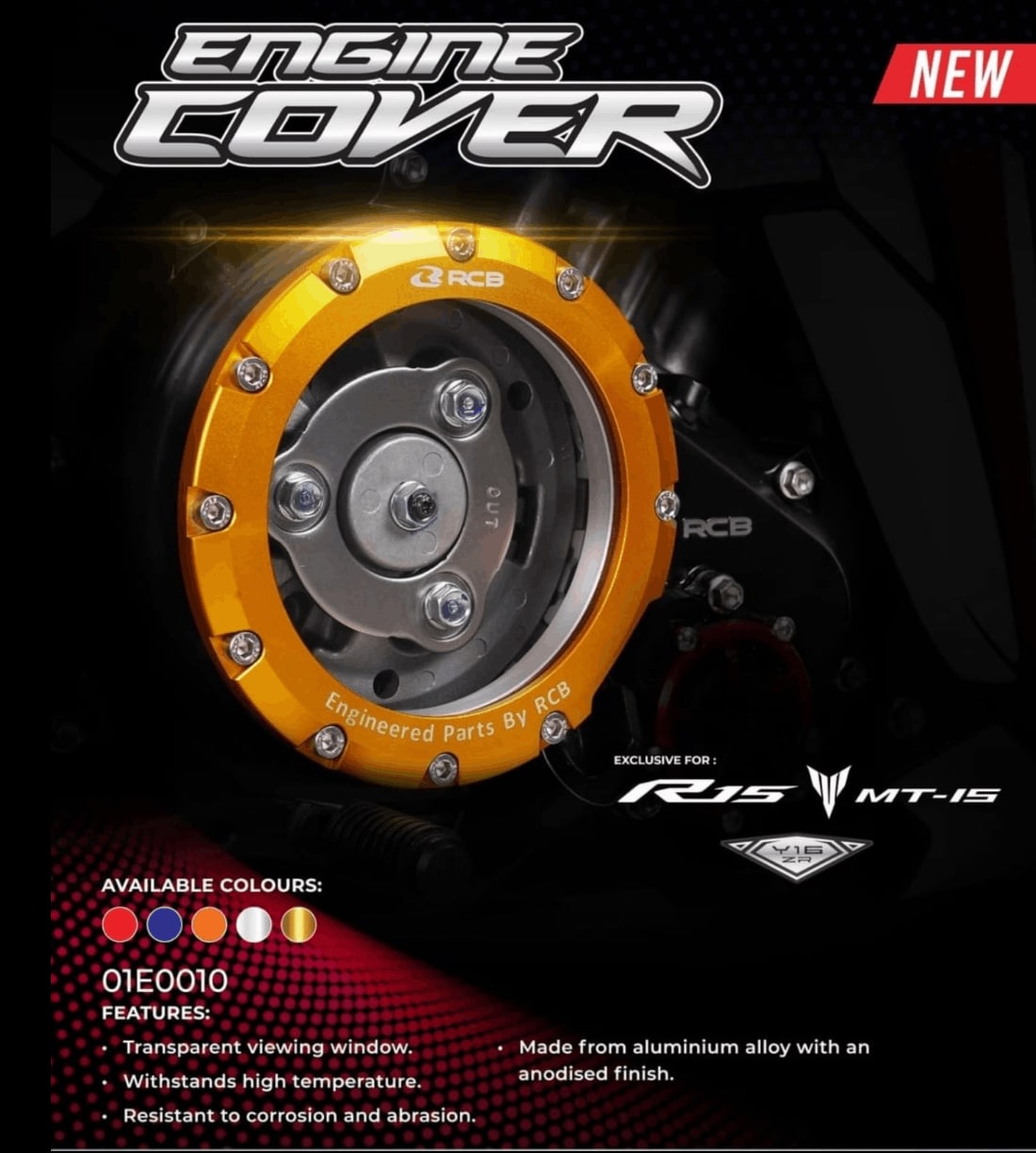 RCB 01E0010 aluminium engine cover protector with transparent window in Red, Blue, Gold and Silver