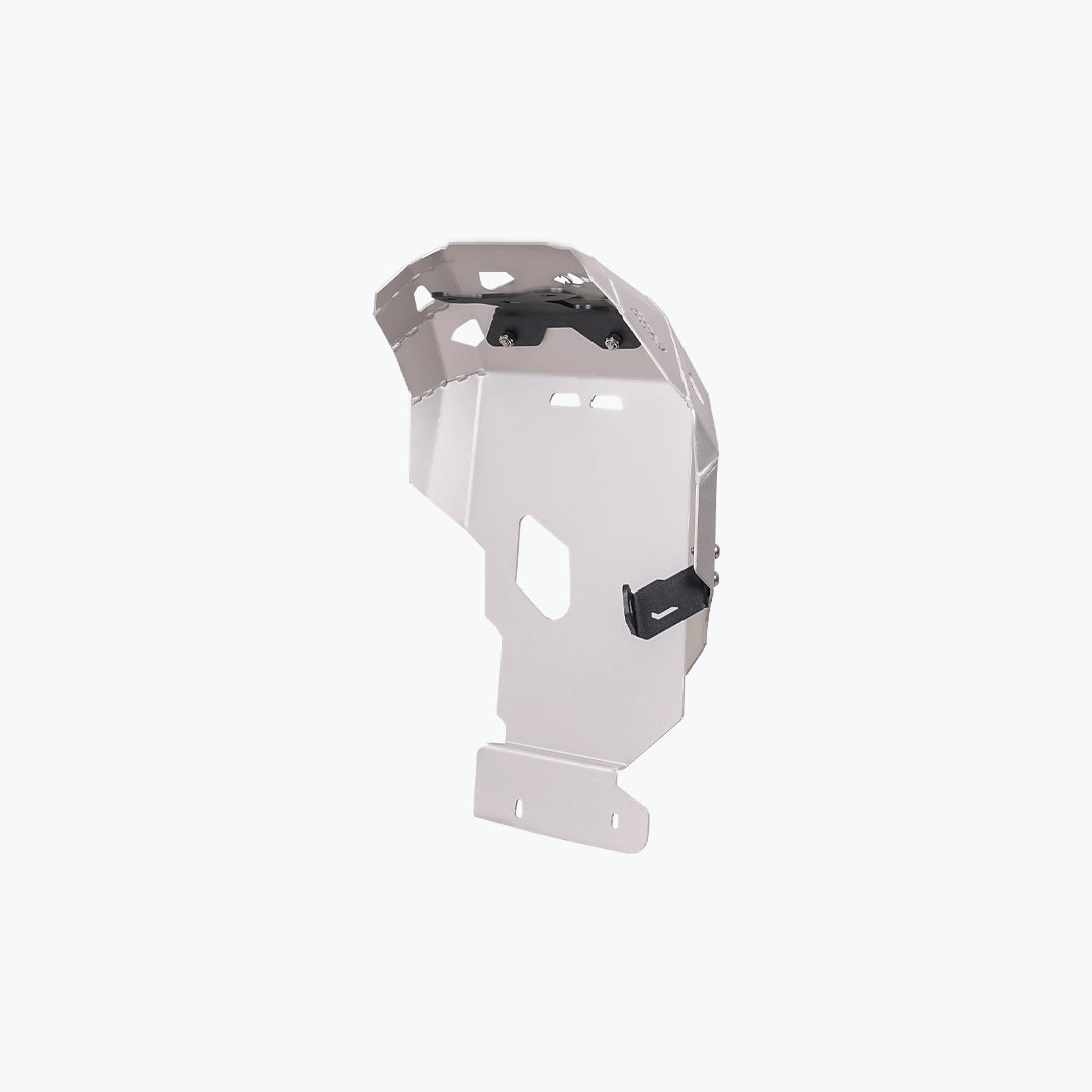 Legundary Custom BMW F900GS vambrace bash plate aluminium silver engine sump guard skid plate