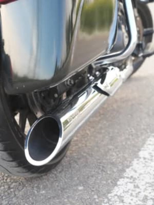 Bycology Rhino Racing Touring Exhaust with polished chrome finish and slash-cut outlets for Royal Enfield Super Meteor 650