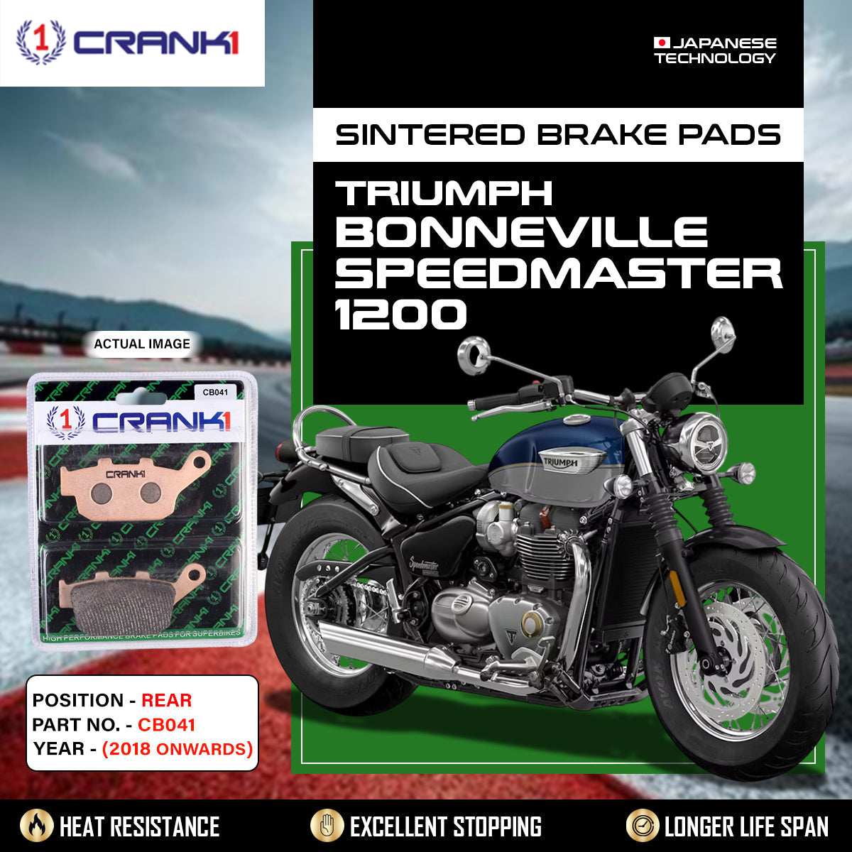 CRANK1 CB041 Sintered Rear Brake Pads for Triumph Bonneville Speedmaster 1200 Touring Motorcycle