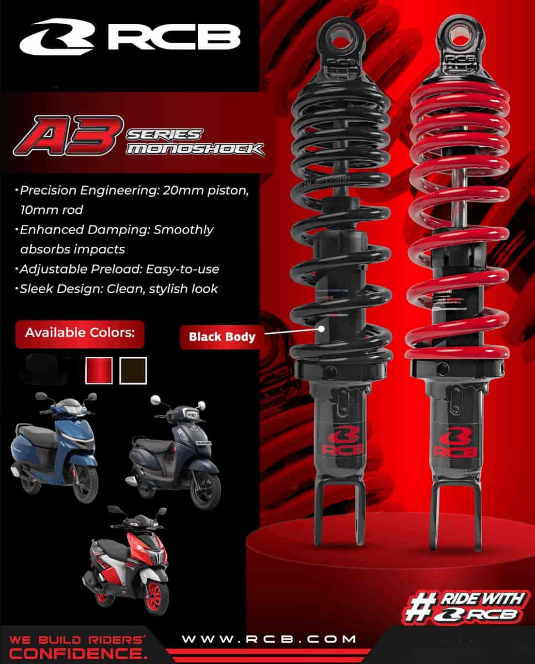 RCB A3 Series 330mm black rear monoshock for NTorq 125 and Burgman 01M0350B