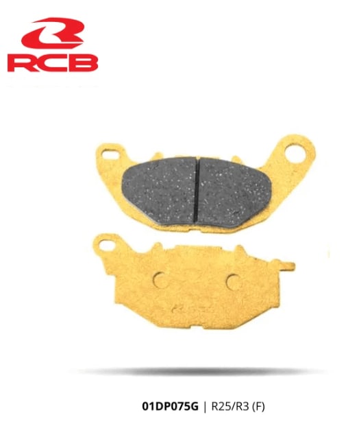 RCB S2-D2 Gold Series semi-metallic motorcycle brake pads for Yamaha R3 and MT-03, front 01DP075G and rear 01DP076G.