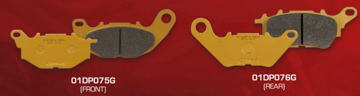 RCB S2-D2 Gold Series semi-metallic motorcycle brake pads for Yamaha R3 and MT-03, front 01DP075G and rear 01DP076G.