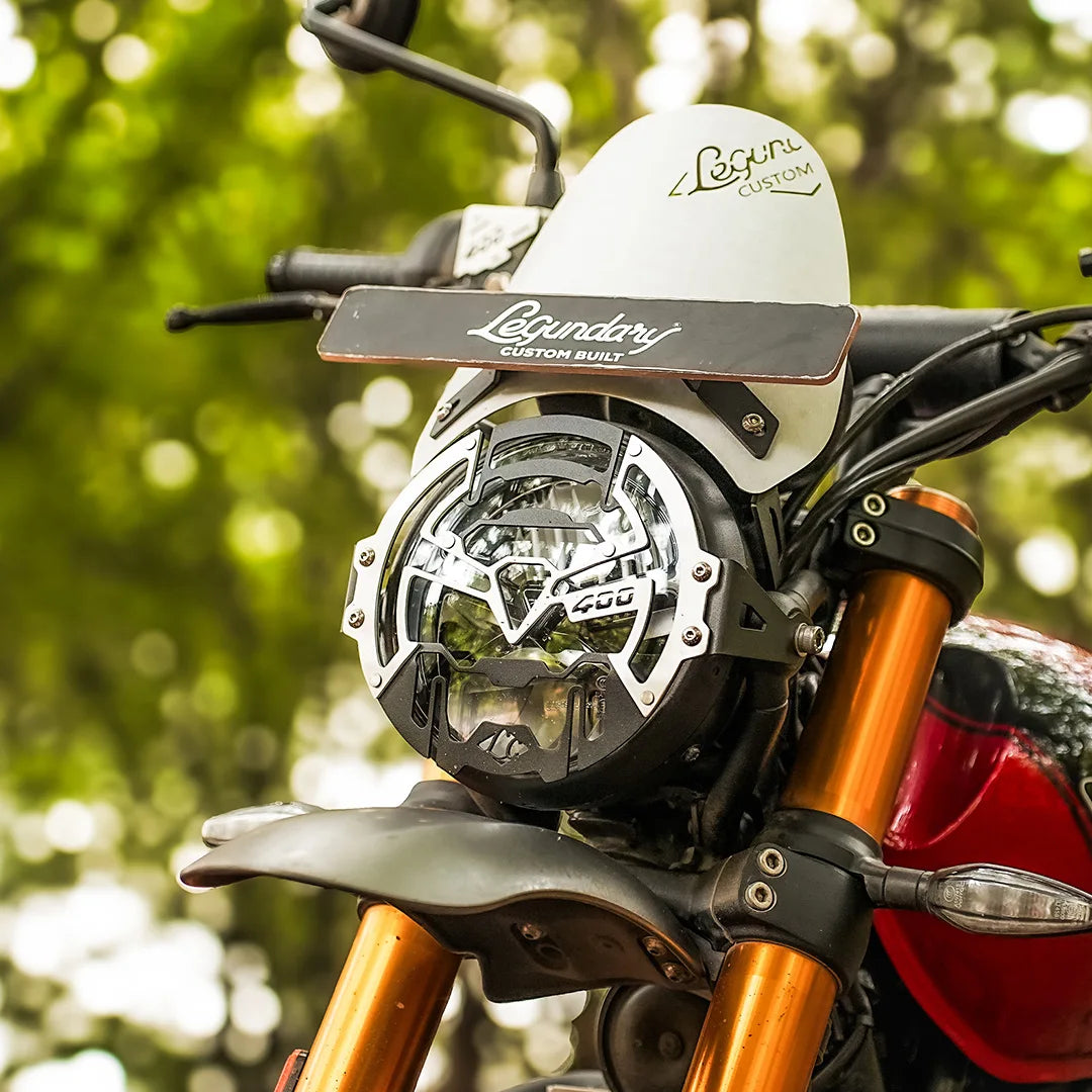 Legundary Custom Cosmic headlight grill for Triumph Scrambler 400 X black silver mild steel aluminium protector