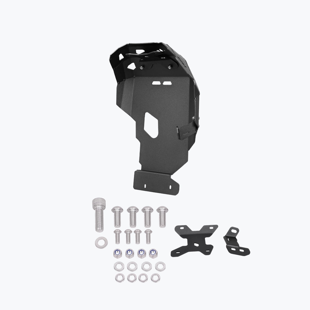 Legundary Custom BMW F900GS vambrace bash plate black aluminium engine sump guard skid plate