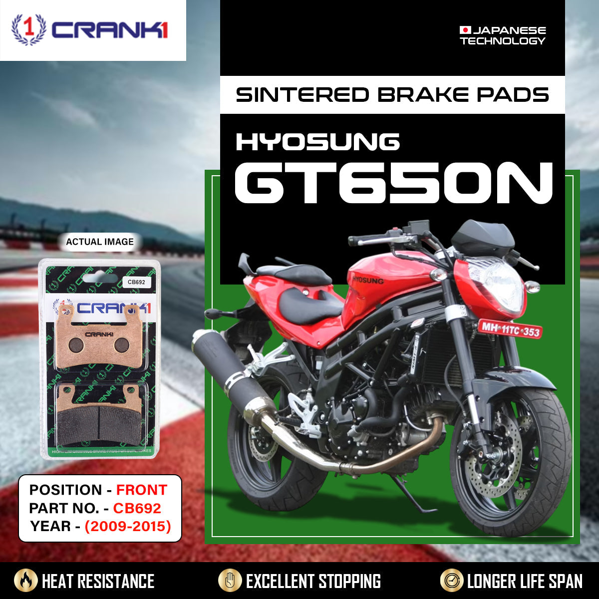 CRANK1 CB692 Sintered Front Brake Pads for Hyosung GT650N 2009-2015 LEGUNDARY Custom