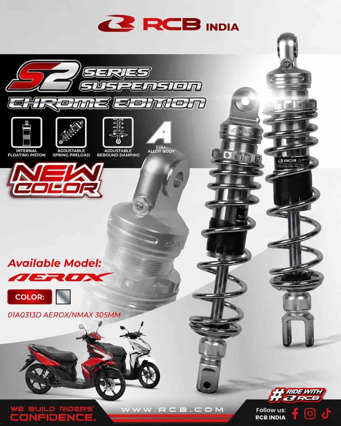 RCB S-2 Series 305mm chrome rear shock absorber 01A0313D for Yamaha Aerox