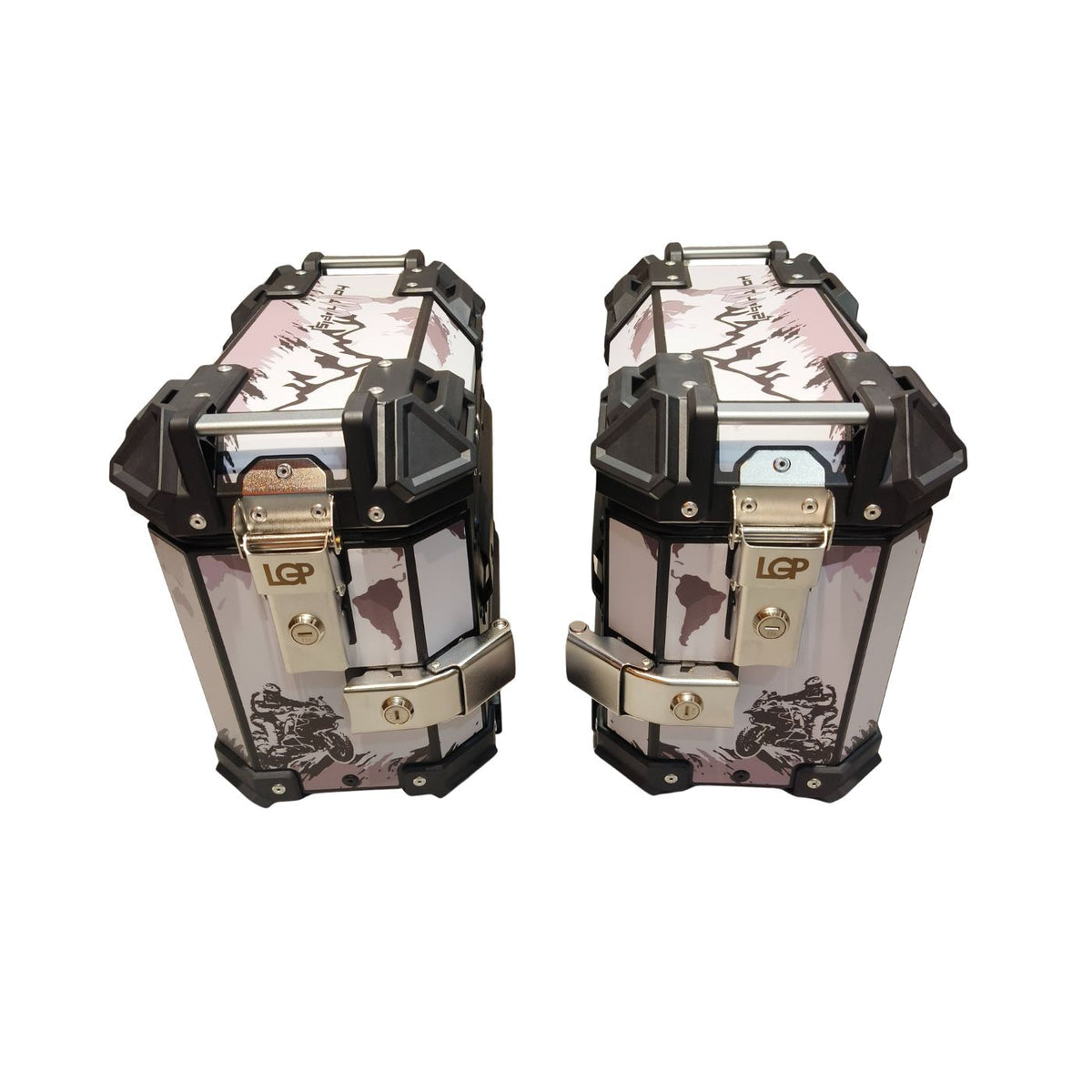 LGP 25L aluminium motorcycle pannier box white mountain graphic mounted on touring bike