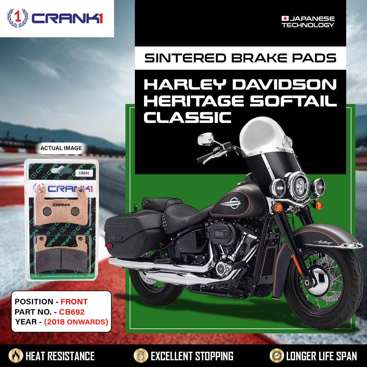 CRANK1 CB692 Sintered Front Brake Pads for Harley Davidson Heritage Softail Classic 2015-2017