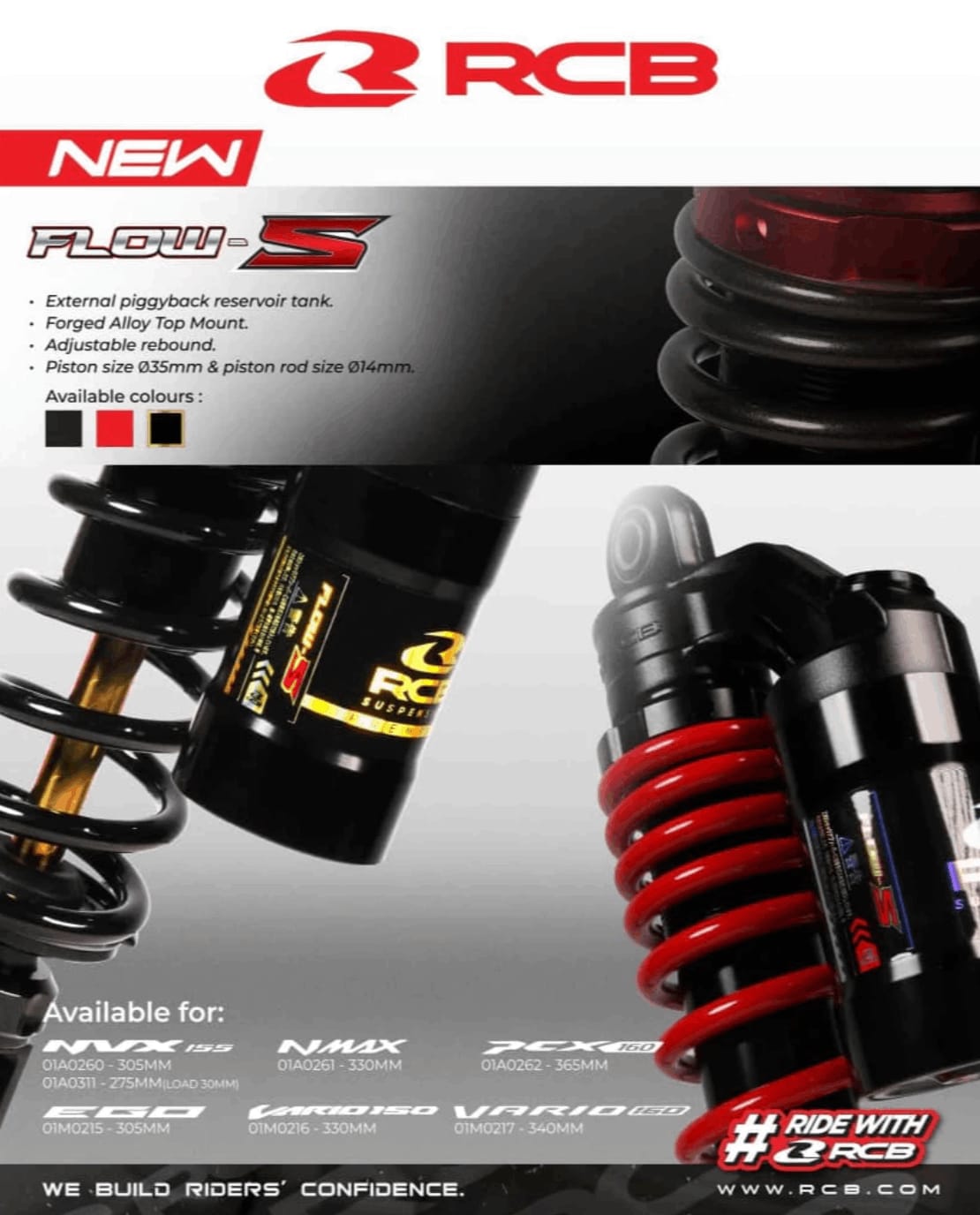 RCB FLOW-S 305mm red gold rear shock absorber for Yamaha Aerox 155 01A0260R