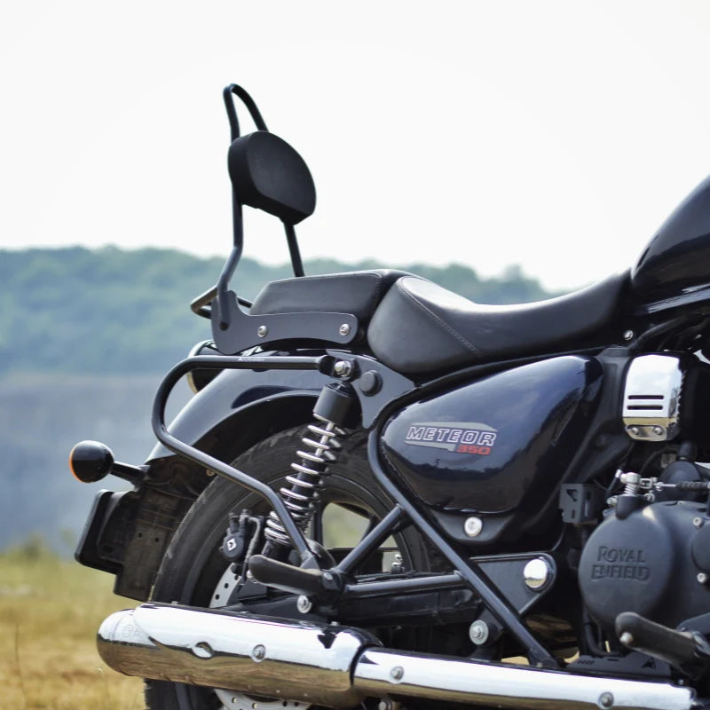 Auto Engina Sissy Bar with Backrest for Royal Enfield Meteor 350 in Gloss Black with Integrated Luggage Rack