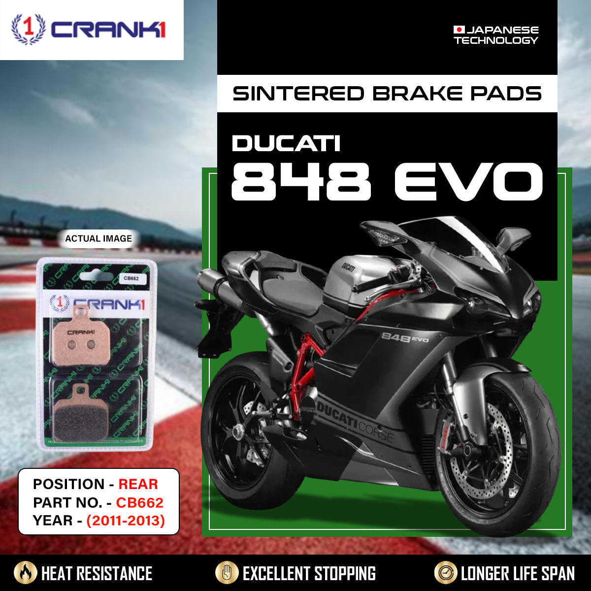 CRANK1 CB662 rear sintered brake pads for Ducati 848 EVO 2011-2013 high performance motorcycle brake pads LEGUNDARY Custom