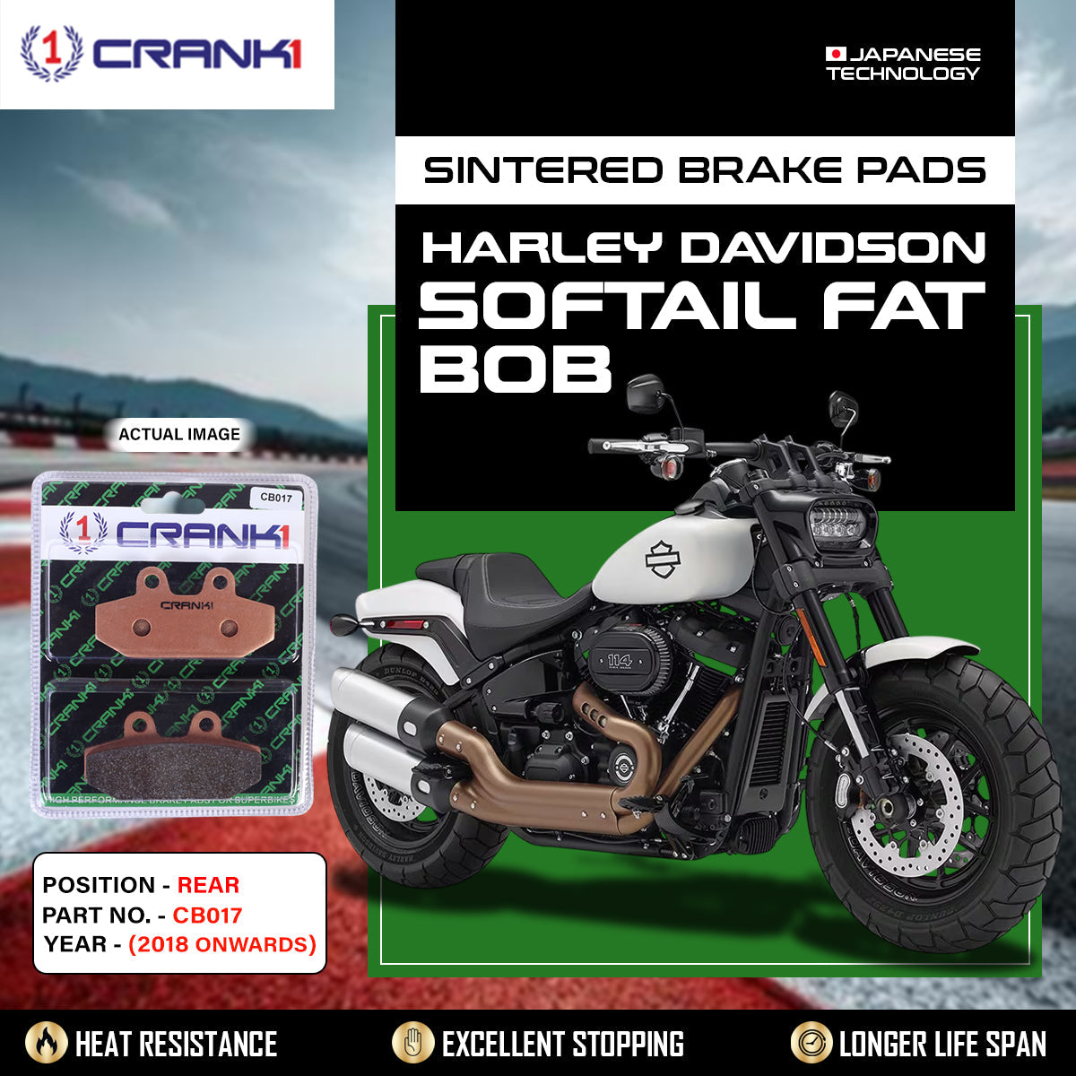 CRANK1 CB017 Sintered Rear Brake Pads for Harley Davidson Softail Fat Bob, Fat Boy and Heritage Softail Classic