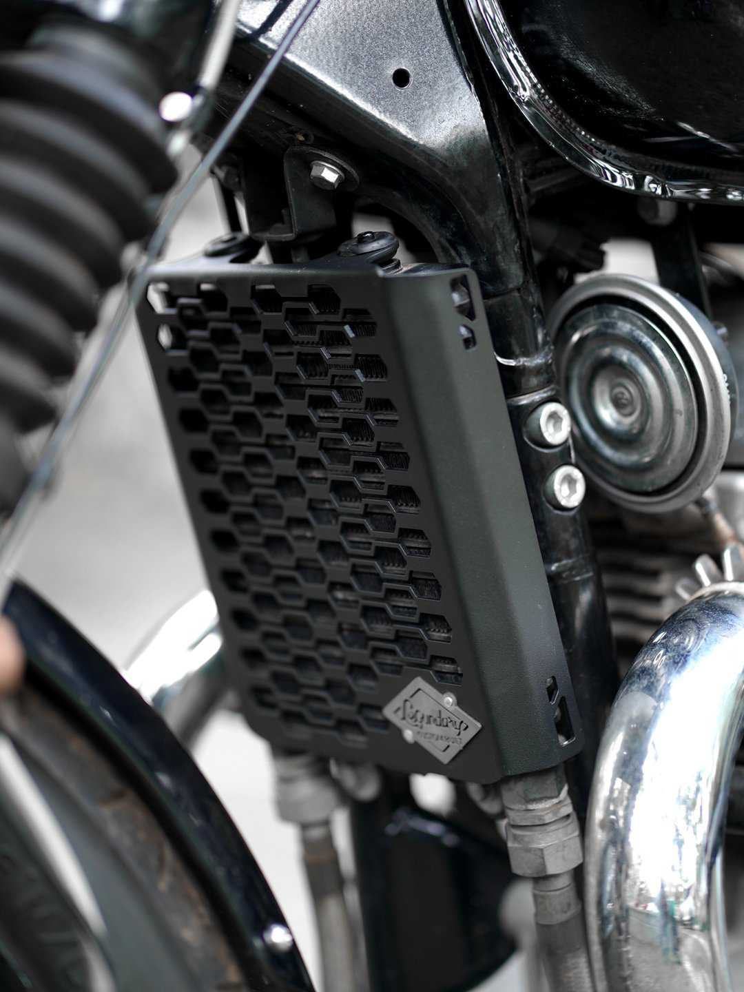 Legendary Custom Interceptor 650 radiator grill black mild steel radiator guard