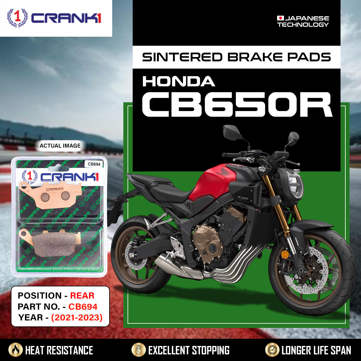 CRANK1 CB694 sintered rear brake pads for Honda CB650R (2021-2023) high-performance motorcycle braking upgrade.