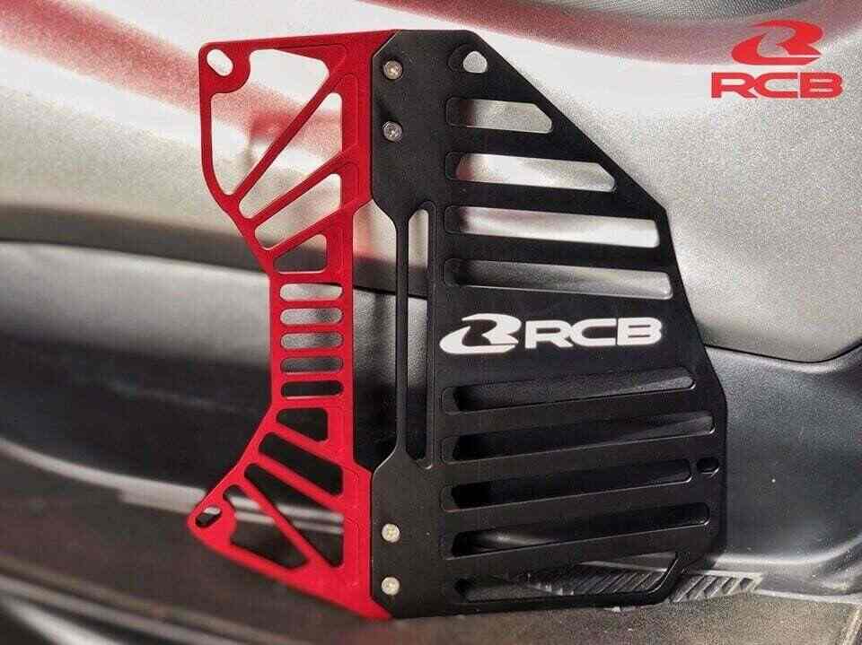 RCB S Series 01IR007 CNC aluminium motorcycle radiator cover with mesh airflow design in Gold/Silver, Blue/Silver and Black/Red colour options.