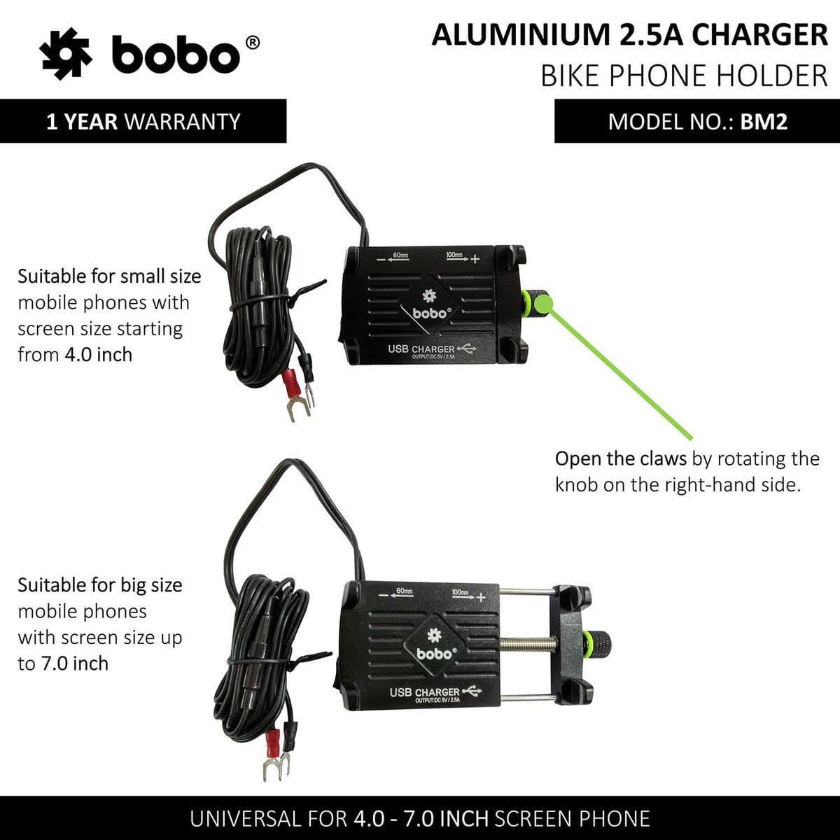 BOBO BM2 aluminium motorcycle phone holder with USB charger bike mobile mount handlebar smartphone holder