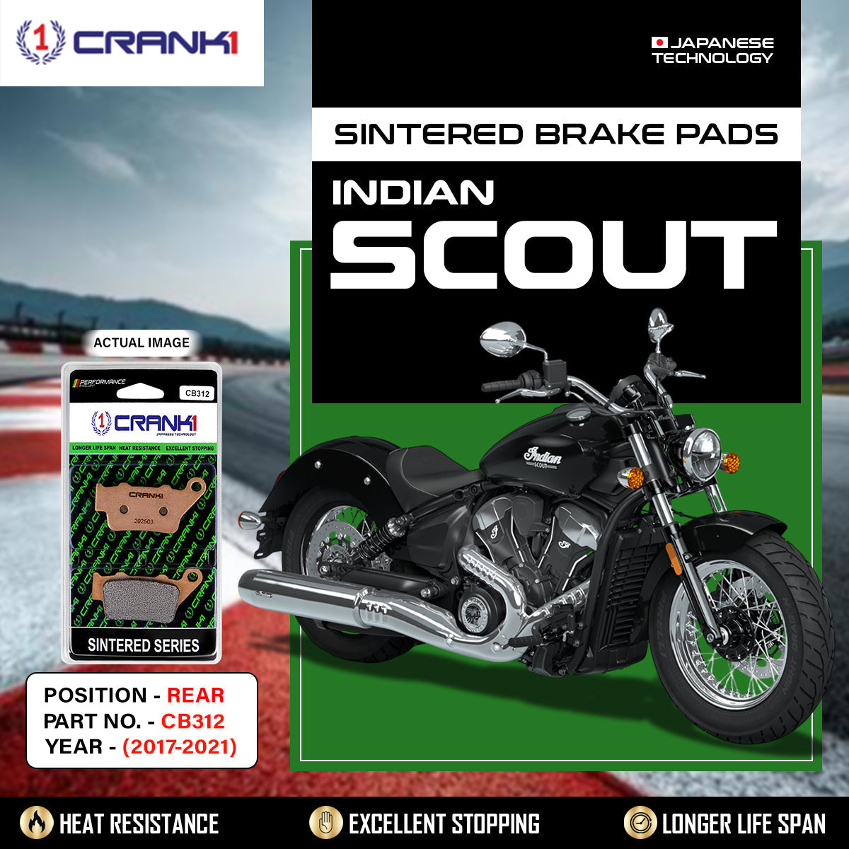 Buy CRANK1 CB312 rear sintered brake pads for Indian Scout (2017-2021). Enjoy superior stopping power, high heat resistance, reduced brake fade, and long-lasting braking performance.