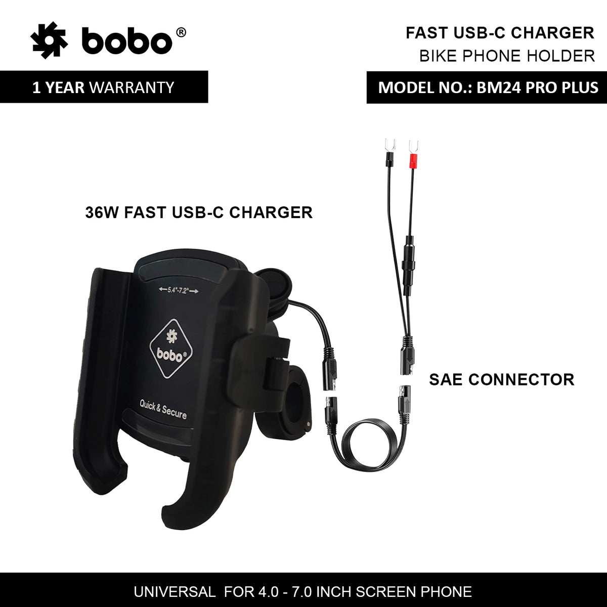 BOBO BM24 PRO PLUS motorcycle phone holder quick release with vibration damper 36W USB C charger bike mobile mount