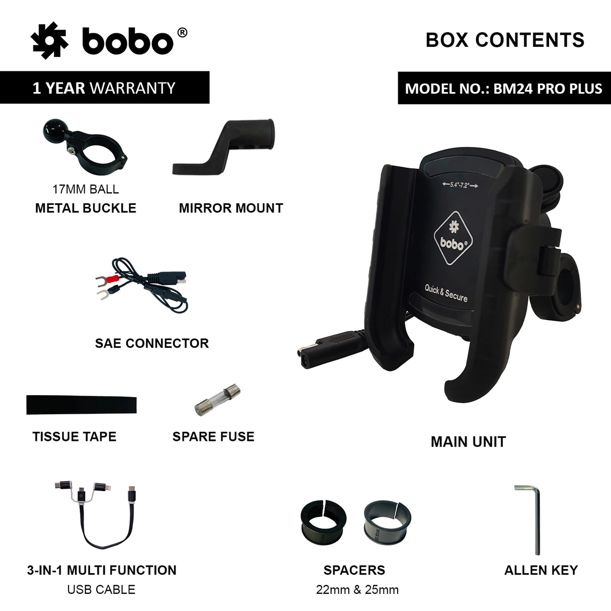 BOBO BM24 PRO PLUS motorcycle phone holder quick release with vibration damper 36W USB C charger bike mobile mount