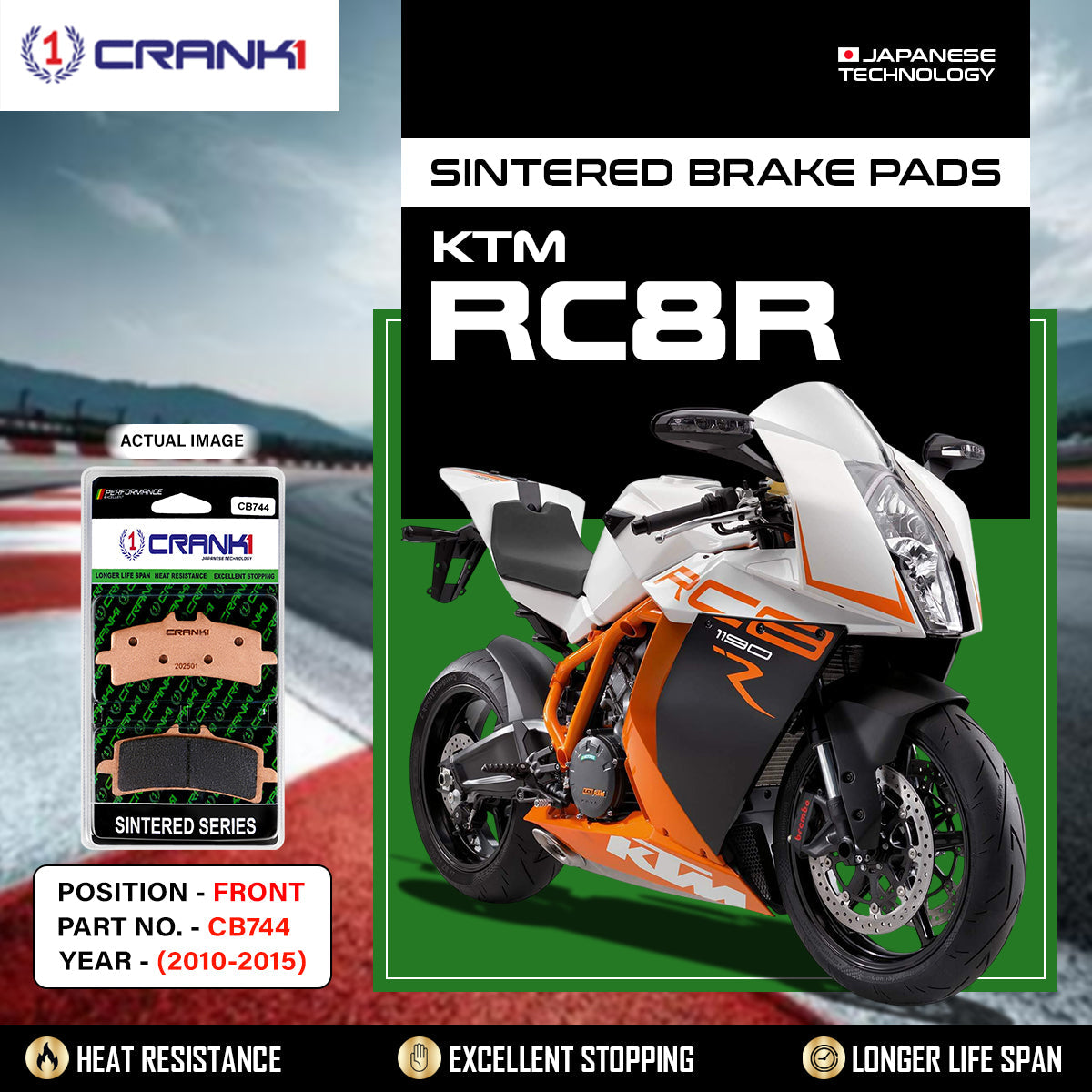 CRANK1 CB744 Front Sintered Brake Pads for KTM RC8R (2010-2015) - 2 Sets