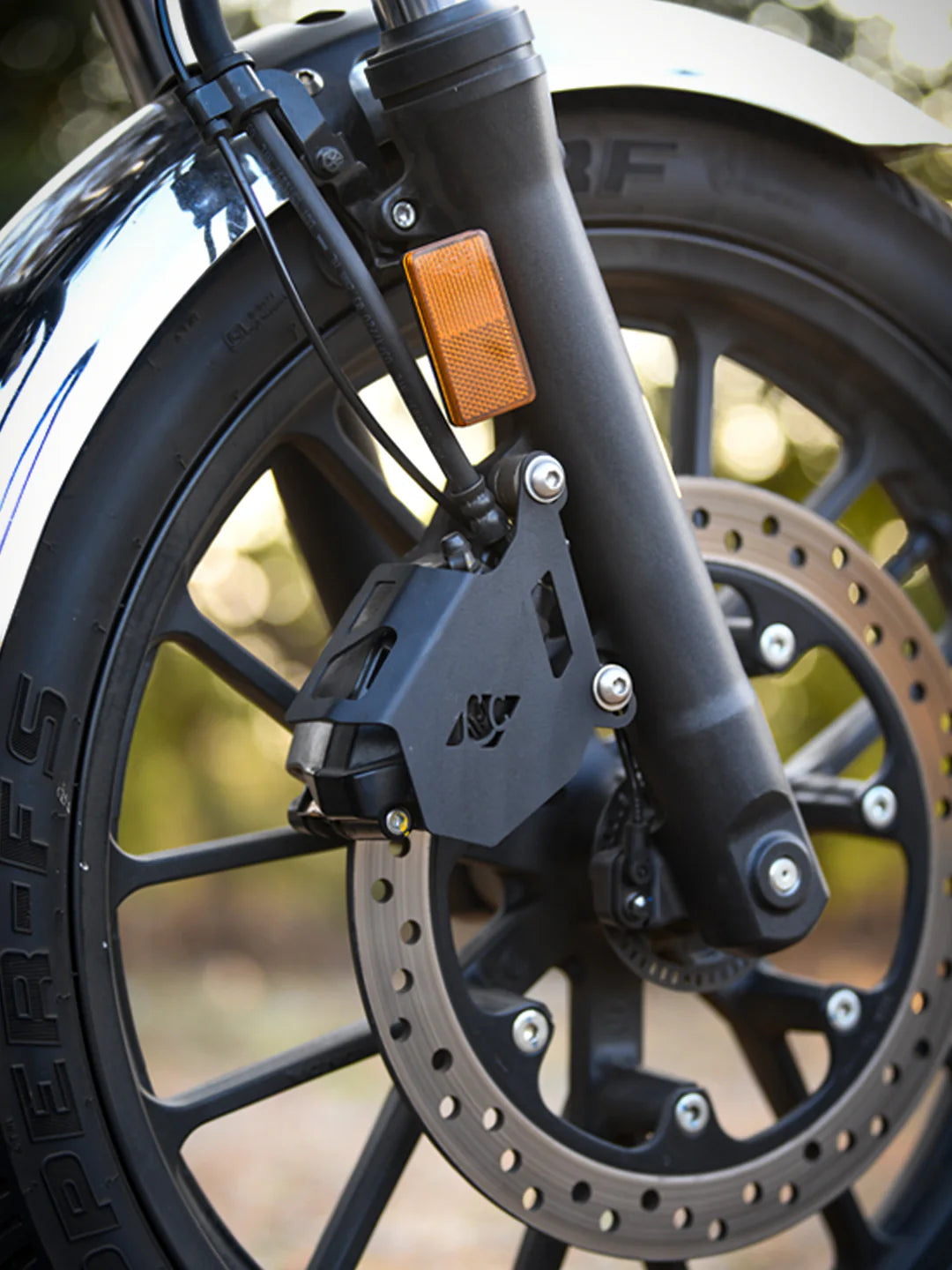 Legundary Custom Hness Raider front disc caliper guard mild steel black brake protector Honda CB350