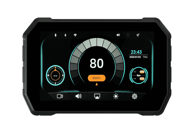 Sash Gears S8 Smart Riding Display with 6.25 inch touchscreen, wireless Apple CarPlay, Android Auto, dual 1080P cameras, GPS speed display and TPMS