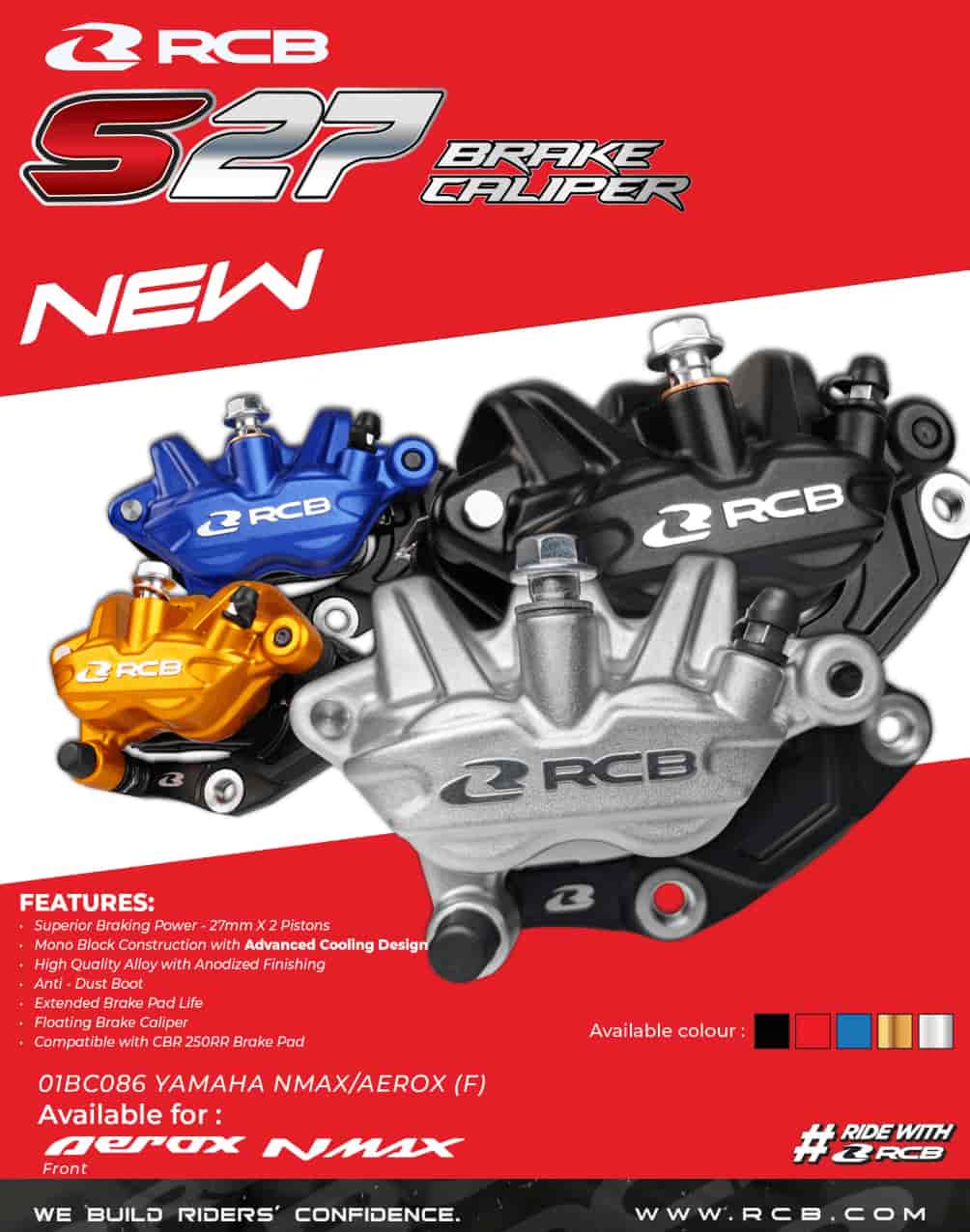 RCB S-27 Series Front Brake Caliper 01BC086 in Red