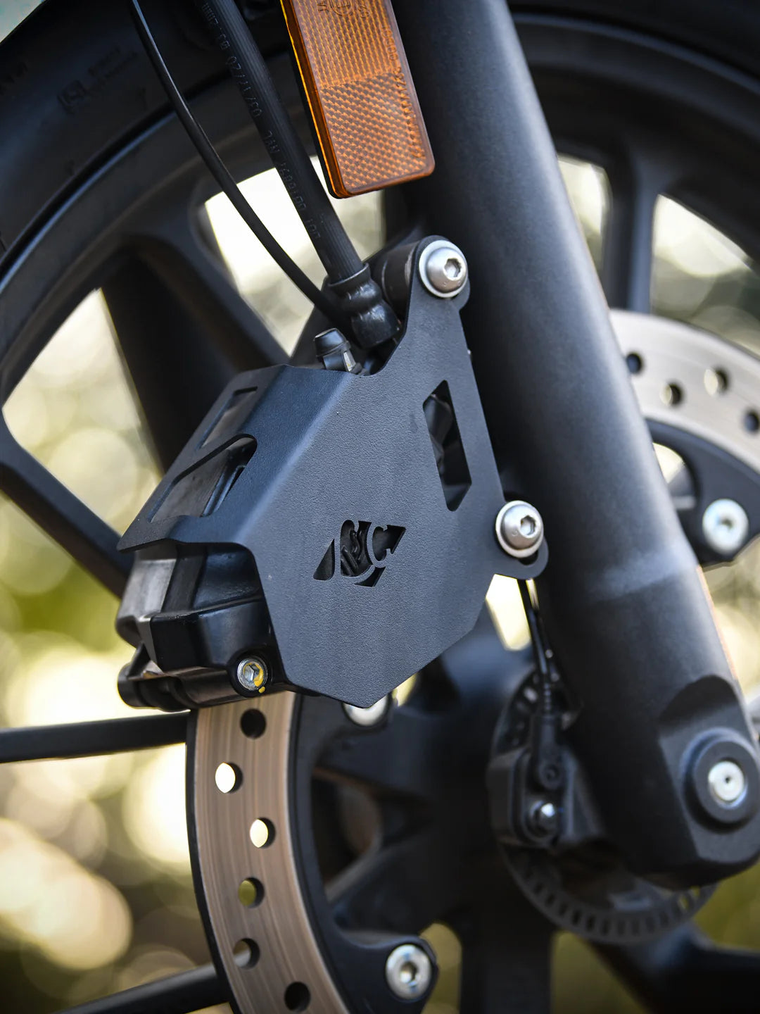Legundary Custom Hness Raider front disc caliper guard mild steel black brake protector Honda CB350